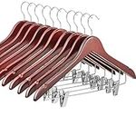 High-Grade Wooden Suit Hangers Skirt Hangers with Clips Smooth Solid Wood Pants Hangers with Durable Adjustable Metal Clips, 360° Swivel Hook, Shoulder Notches for Dress, Jackets, Blouse (Cherry Wood, 10 pack)