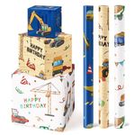 WERNNSAI Construction Wrapping Paper Rolls - 3 Rolls 43 x 305cm Birthday Wrapping Paper Rolls Kids Boys Wrapping Paper Rolls Trucks Wrapping Paper Blue Yellow White Gift Wrapping Paper with Cut Lines