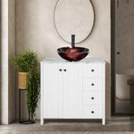 Puluomis 32-Inch Traditional Bathroom Vanity Set in White Finish, Single Bathroom Vanity with Marble Texture Top and 4 Drawers, Flame Red Glass Sink Top with Single Faucet Hole