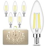 Honesorn E12 Led Bulbs, 4W (60W Equivalent) Candelabra Led Light Bulbs, 4000K Natural White Chandelier Light Bulbs, 600LM Clear Glass C35 Light Bulbs with Filament, Dimmable Candle Light Bulbs 6 Pack