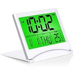 Betus Digital Travel Alarm Clock with Backlight - Foldable Calendar & Temperature & Timer LCD Clock with Snooze Mode - Large Number Display, Battery Operated - Compact Desk Clock for All Ages (Silver)