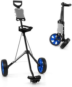 GYMAX Golf Trolley 2 Rad, Golftrolley klappbar mit Anzeigetafel, Leichter Golf Push Cart für Golfschläger und Golfbag (Blau)
