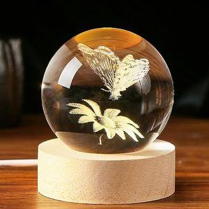 IFOLAINA 3D Butterfly Crystal Ball 60mm Gifts Ideas for Girlfriend Wife Mom Couple Her Butterfly on Sunflower in Glass Ball with Multicolor Lighting Base