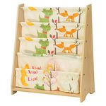 SONGMICS Children's Sling Bookcase, 4 Tier Fabric Book Shelves For School Supplies Stationery, Storage Unit and Rack in Children's Room, Nursery, Kindergarten, Animal Theme with Maple Finish GKR71YL