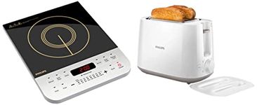 PHILIPS Crystal Glass Viva Collection HD4928/01 2100-Watt Induction Cooktop (Black) & Daily Collection HD2582/00 830-Watt 2-Slice Pop-Up Toaster (White) Combo