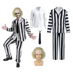 YIGMAW Adult Costumes for Men 5 Pcs Black and White Stripe Suit with Wig Movie Cosplay Outfits for Halloween Party (2XL)