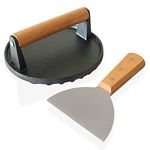 KARESE Round Cast Iron Bacon Press 1.1kg weight comes complete with Spatula, 17.5 cm Round Grill Press with Beech Wood Handle ideal for Bacon, Burger, Grilled Sandwich, Quesadilla and Steak