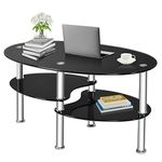 CASART Coffee Tables, Tempered Glass Oval Tea Tables with 2 Shelves, Steel Legs Modern 3 Tiers Cocktail Snack Table for Living Room Bedroom Office (Black)