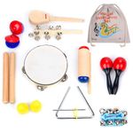 Boxiki kids Musical Instrument Set 16 PCS Rhythm & Music Education Toys for Kids. Includes Clave Sticks, Shakers, Tambourine, Wrist Bells & Maracas for Kids. Natural Toys with Carrying Case