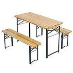 Warmiehomy Folding Camping Wooden Beer Table and Bench Set Garden Furniture Portable Picnic Trestle BBQ Table Chairs Set with Metal Legs for Garden Courtyard Party Outdoor, 117L x56W x 76.5Hcm