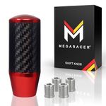 Mega Racer Red Carbon Fiber Shift Knob - Metal Threaded Adapter, Buttonless Automatic, 4 5 6 Speed Manual Transmission, JDM Car Accessories, 1 Pack