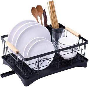 AppleTofu Dish Drainer Rack - Plate, Cutlery, Pots, and Pans Drying Rack for Kitchen with Beechwood Handles - Modern Retro Design Drip Tray with Metal Rack - Black