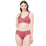 SOIE Women Full Coverage Minimiser Non-Padded Non-Wired Bra with High Waist Matching Panty Lingerie Set, Claret-Red, 32D/S