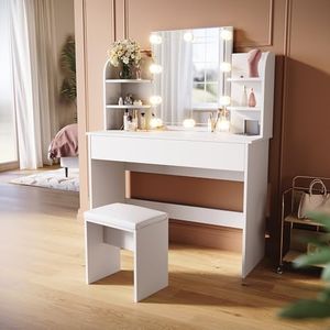 SUNXURY Schminktisch mit Beleuchtung und Hocker Led Spiegel Weiß Teenager Mädchen Damen Kosmetiktisch Schubladen Stuhl 108x40x140cm Make Up Dressing Vanity Table