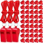 Flutesan 48 Pcs 24/48 Pack Plastic Whistles with Lanyard Sports Whistle Loud Crisp Sound Whistles Bulk for Coach Referees Training Emergency (Red)