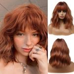 Esmee 14 Inches Short Auburn Wig with Bangs for Women Natural Synthetic Hair Ombre Wig with Dark Roots Loose Wavy Wigs for Cosplay Daily Party Wear