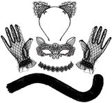 Whaline Black Cat Cosplay Costume Halloween Lace Cat Cosplay Set Cat Eye Cover Tail Chocker Necklace Cat Ear Hair Loop Masquerade Costume Accessories for Women Girl Halloween Theme Party