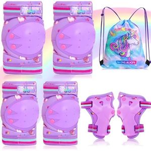 Knee Pads for Kids Unicorn Knee and Elbow Pads Set with Storage Bag Protective Gear Set with Wrist Guards for Skating Rollerblading Cycling Bicycle for Kids Girls Toddler (Purple 3-6 Year)