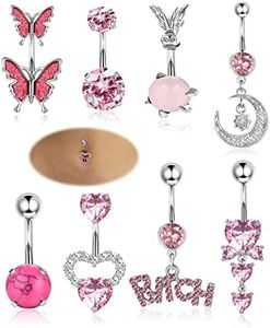Florideco 14G Belly Button Ring for Women Surgical Steel Belly Barbell Piercing Jewelry Cute CZ Heart Butterfly Belly Ring Navel Rings Pack, Metal, cubic-zirconia, Pink Tone