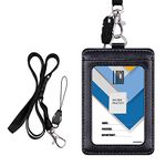 Badge Holder with Lanyard, Wisdompro 2-Sided PU Leather ID Card Holder with 1 ID Window, 1 Card Slot and 1 Piece 22 inches Polyester Detachable Neck Lanyard Strap - Black (Vertical)