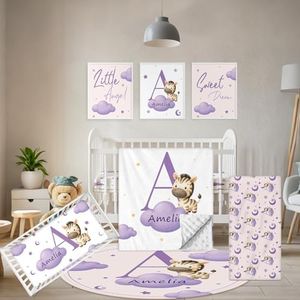 Terwex Personalized Baby Crib Bedding Set, 5 Pcs Custom Name Nursery Bedding Set, Purple Zebra Baby Bedding Set for Boys Girls, Double Layer Crib Sets, Customized Gifts for Infant Toddler New Parents