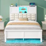 Rolanstar Bed Frame Twin Size with Charging Station, Bookcase Headboard Bed with LED Light and Sliding Doors, Platform Bed with Wooden Slats, No Box Spring Needed, Noise Free, White