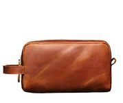 Vintage Crazy Horse Full Grain Leather Toiletry Dopp Kit Bag Travel Make up Cosmetic Bag Big Leather Toiletry Bag for Unisex (Tan Brown)
