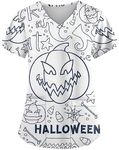 AMOMA V-Neck Short Sleeve Halloween Nurse Tops with Two Pockets Scrub Shirts for Women, White Halloween, XX-Large