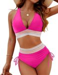 Blooming Jelly Women High Waisted Bikini Sets Tummy Control Swimsuits Color Block Two Piece Drawstring Bathing Suit Hot Pink