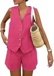 PRETTYGARDEN Women's Summer 2 Piece Outfits Sleeveless Matching Sets Button Down V Neck Vest Waistcoat and Pockets Shorts (Rose Red,Small)