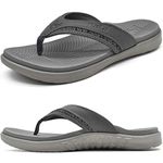 KuaiLu Mens Leather Sport Flip Flops Comfort Orthotic Thong Sandals with Plantar Fasciitis Arch Support for Outdoor Summer, Grey Size 8