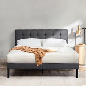 Furb King Size Platform Bed Frame with Fabric Upholstered Headboard and Strong Wooden Slats, Round Stitched Button Tufted, Fully Upholstered Mattress Foundation, Easy Assembly, Charcoal