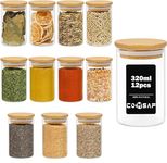 ComSaf Spice Jars With Airtight Bamboo Lid, Empty Glass Spice Bottles, Seasoning Containers For Spice Salt Sugar Coffee Bean (Round/320Ml/12Pcs),Transparent