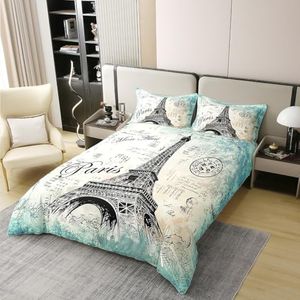 Eiffel Tower Cotton Duvet Cover Set King Girls Women Chic Retro Paris Theme Bedding Set Kids Teens Vintage Paris Cityscape Comforter Cover Bedroom Decor French Teal Bedspread Cover with 2 Pillow Case