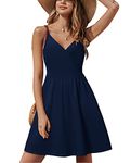 STYLEWORD Women's V Neck Spaghetti Strap Summer Dress Skater Casual Dress Swing Midi Sundress with Pockets(B2-navy-429,M)