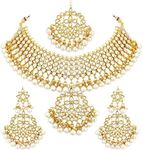 Aheli Kundan Pearls Designer Necklace Earrings Maang Tikka Set Indian Traditional Ethnic Engagement Wedding Party Wear Jewelry Gift for Women