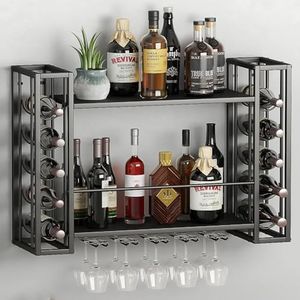 ZAOBAS Wall Mounted Wine Rack, Wine Rack Wall Mounted with Wine Glass Rack, 2-Tier Multi-Functional Shelf for Home Restaurant Bar Storage Rack,Black
