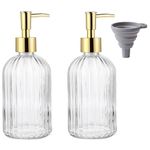 TRIXES Ribbed Glass Soap Dispenser Bottles, 2-Pack, Gold, with Silicone Funnel
