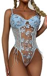 marysgift Bodysuit Strappy Lace Cup One Piece Lingerie Set Cute Underwear Set Sleeveless Baby Doll Nightwear Blue L UK 10 12