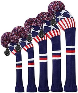 Scott Edward Knit Golf Club Cover with a Pom Set of 5 Blue Stars and Stripes Protect Driver Wood(460cc)*1 Fairway Wood*2 and Hybrid/UT*2 with Rotating Club Number Tags