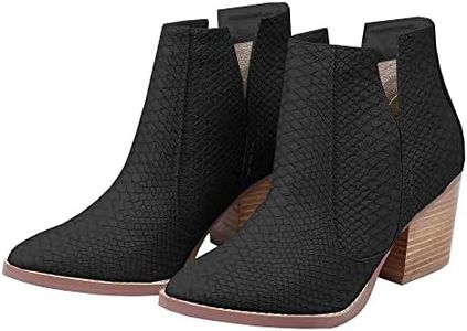 Kathemoi Womens Ankle Boots Slip on Cutout Pointed Toe Chunky Stacked Mid Heel Booties