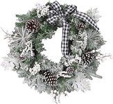 Fraser Hill Farm 24" Christmas Snow Flocked Wreath, Pinecones and Black & White Buffalo Check Bow