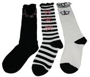 Colourful Baby World Girls Pack of 3 Cotton Rich Black White Stripe Princess Knee-High Socks Age 3 to 10 (Age 6-10)