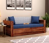 LEGEND HOME FURNITURE Solid Sheesham Wood 3 Seater Sofa Cum Bed with Side Pocket for Living Room Bed Room Wooden Bedroom Furniture for Home (Natural Finish)