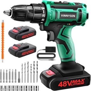 VINNYSEN 48V Cordless Drill, 3/8 Inch Power Drill Set with 2 Lithium Ion Battery and Charger, Electric Drill with Variable Speed, 24-Pieces Drill/Driver Accessories Kit (Green01)