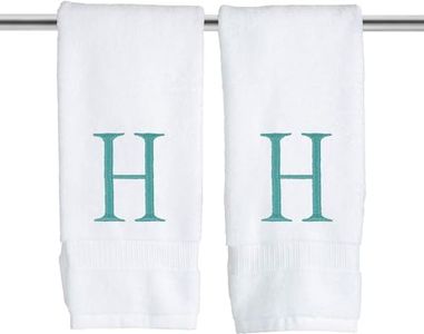 White and Teal Monogrammed Hand Towel - Monogram Initial Hotel Quality Decorative Embroidered Luxury Towel for Powder Room, Spa - GOTS Organic Certified - Set of 2 Letter H