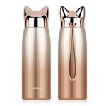 Cute Thermal Flask Stainless Steel Cat Thermos Water Bottle Travel Coffee Mug, Cute Cat Ear, 300ML (Gold)