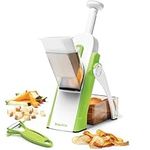 Starfrit Pump'n'Slice - Vertical Mandoline, Food Chopper, Slicer - Safe Enclosed Blades - Folds for Storage | Cleaning Tool -2-in-1 Peeler Included