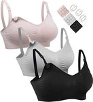 HOFISH 3PACK Full Bust Seamless Nursing Maternity Bras Bralette S-XXL with Extra Bra Extenders & Clips, Black /Grey /Elegant Pink, Large