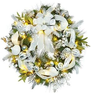 Fashionwu 30 Inch Lighted Christmas Wreath with 40 Led Lights, Outdoor Pre-lit Christmas Wreath with Silver White Ball and Bow Ornaments, Wreaths for Decorating Christmas Front Door Wall Decoration